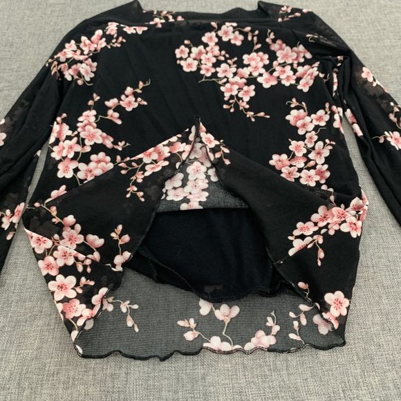 Jessica Max Floral Black Blouse Long Sleeve Mesh Material Tie on the side Neck - Picture 12 of 13